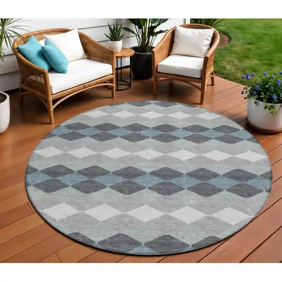 8' Gray Black And Green Round Geometric Washable Indoor Outdoor Area Rug Photo 1