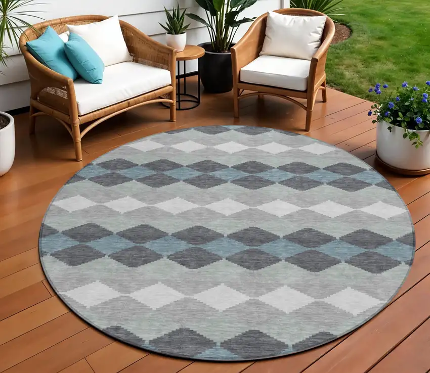 8' Gray Black And Green Round Geometric Washable Indoor Outdoor Area Rug Photo 1