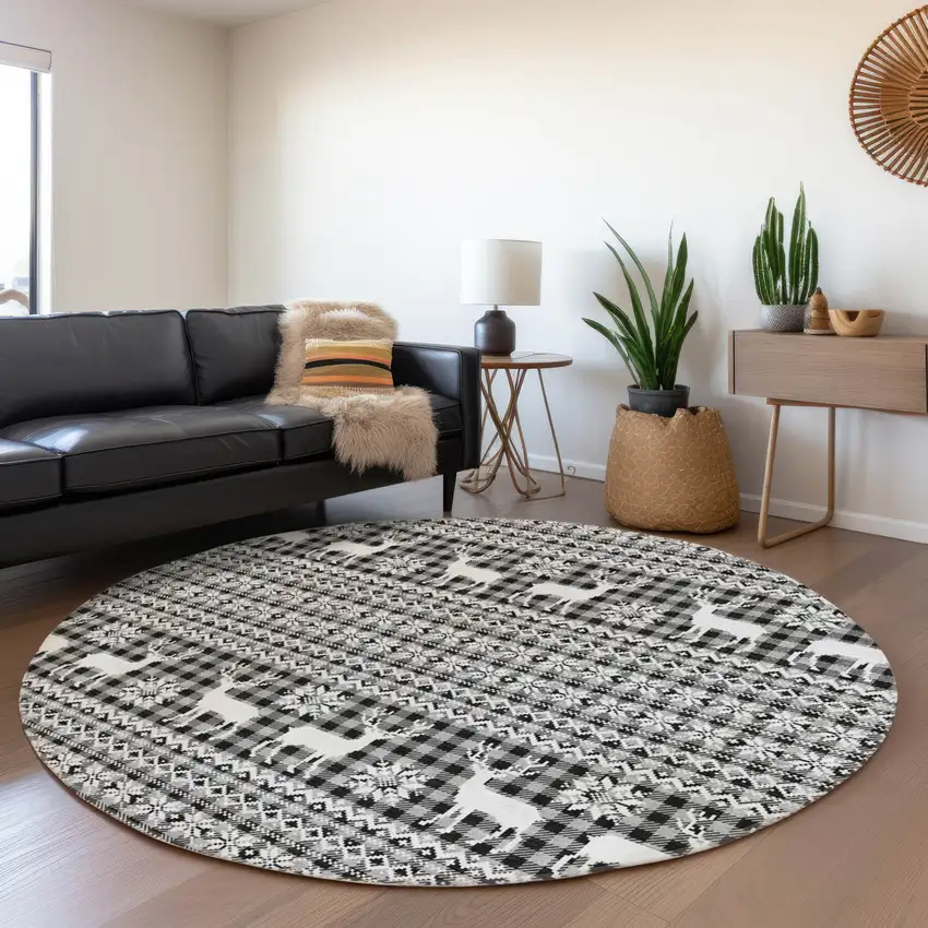 8' Gray Black And Ivory Round Animal Print Washable Indoor Outdoor Area Rug Photo 6