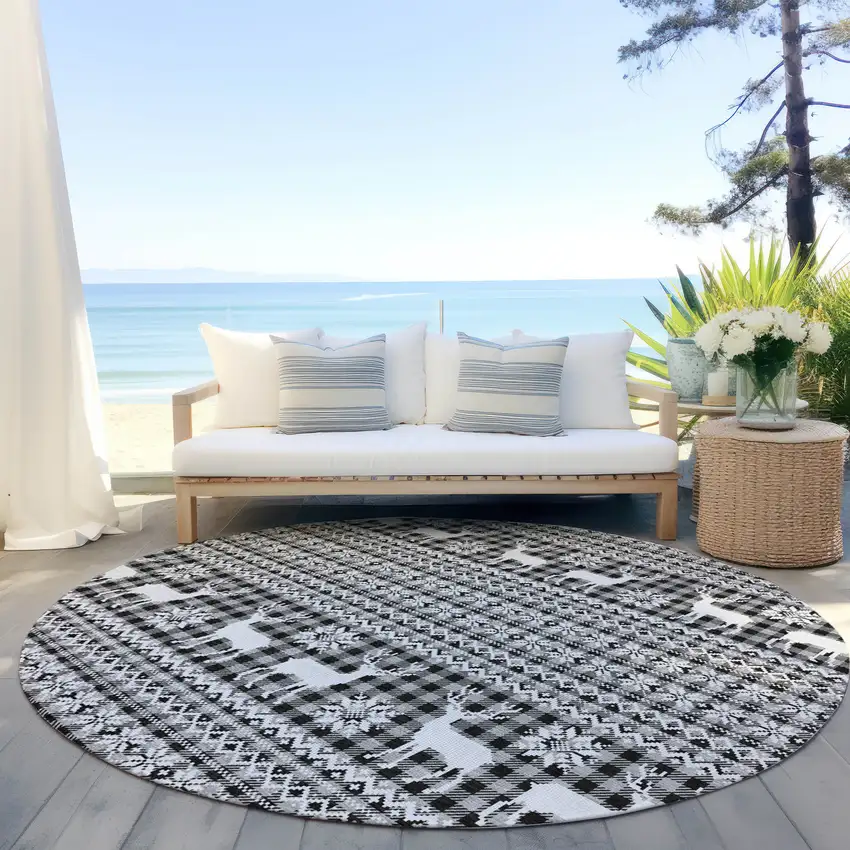 8' Gray Black And Ivory Round Animal Print Washable Indoor Outdoor Area Rug Photo 5