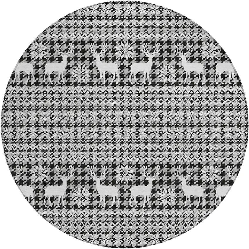 8' Gray Black And Ivory Round Animal Print Washable Indoor Outdoor Area Rug Photo 1