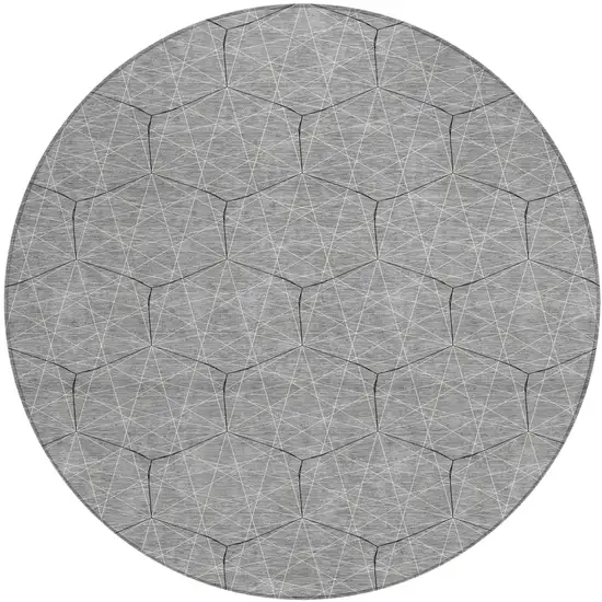 8' Gray Black And Ivory Round Geometric Washable Indoor Outdoor Area Rug Photo 2