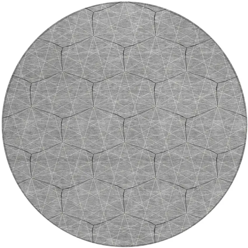 8' Gray Black And Ivory Round Geometric Washable Indoor Outdoor Area Rug Photo 2