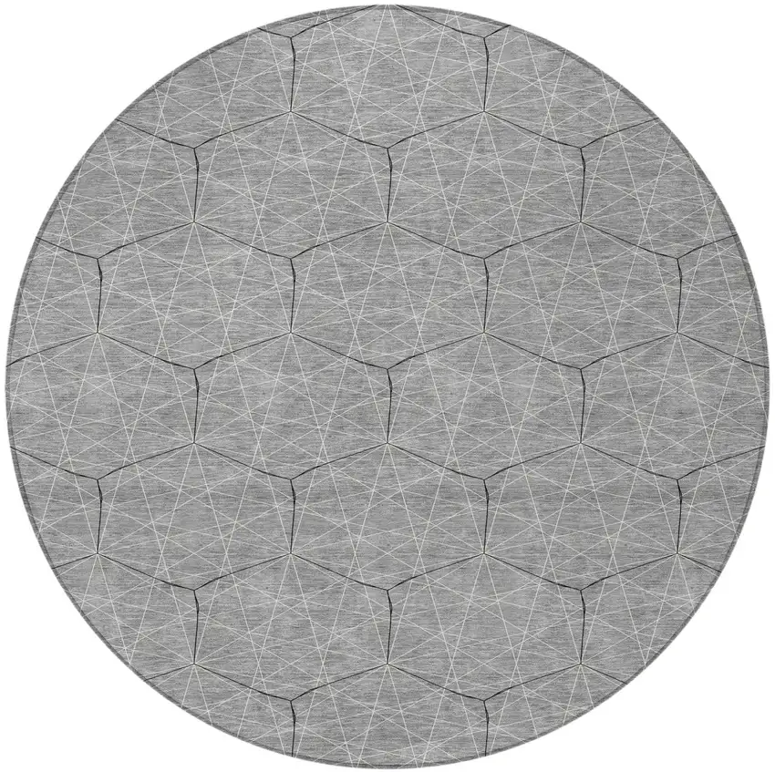 8' Gray Black And Ivory Round Geometric Washable Indoor Outdoor Area Rug Photo 5