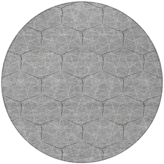 8' Gray Black And Ivory Round Geometric Washable Indoor Outdoor Area Rug Photo 5
