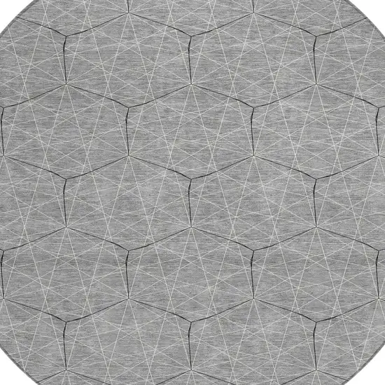 8' Gray Black And Ivory Round Geometric Washable Indoor Outdoor Area Rug Photo 4