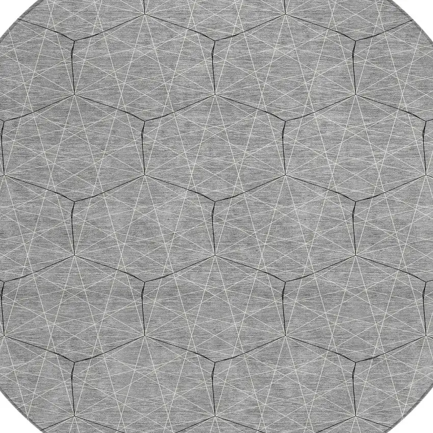 8' Gray Black And Ivory Round Geometric Washable Indoor Outdoor Area Rug Photo 4