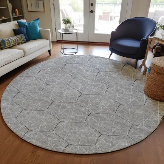 8' Gray Black And Ivory Round Geometric Washable Indoor Outdoor Area Rug Photo 7