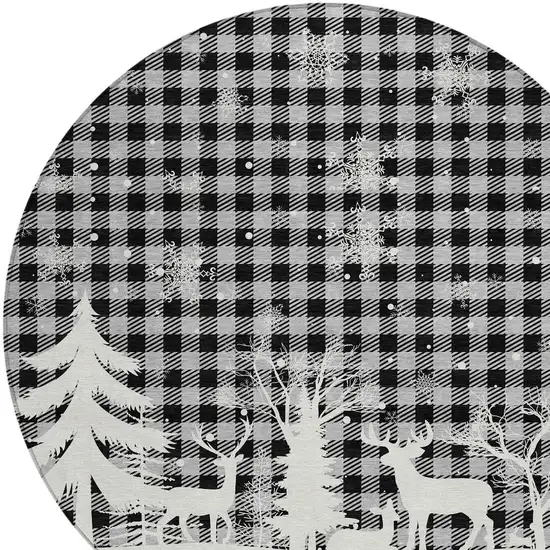 8' Gray Black And Ivory Round Plaid Washable Indoor Outdoor Area Rug Photo 8