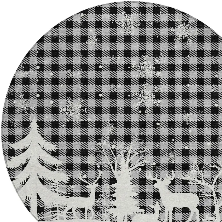 8' Gray Black And Ivory Round Plaid Washable Indoor Outdoor Area Rug Photo 8
