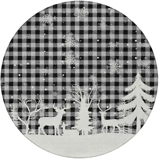 8' Gray Black And Ivory Round Plaid Washable Indoor Outdoor Area Rug Photo 3