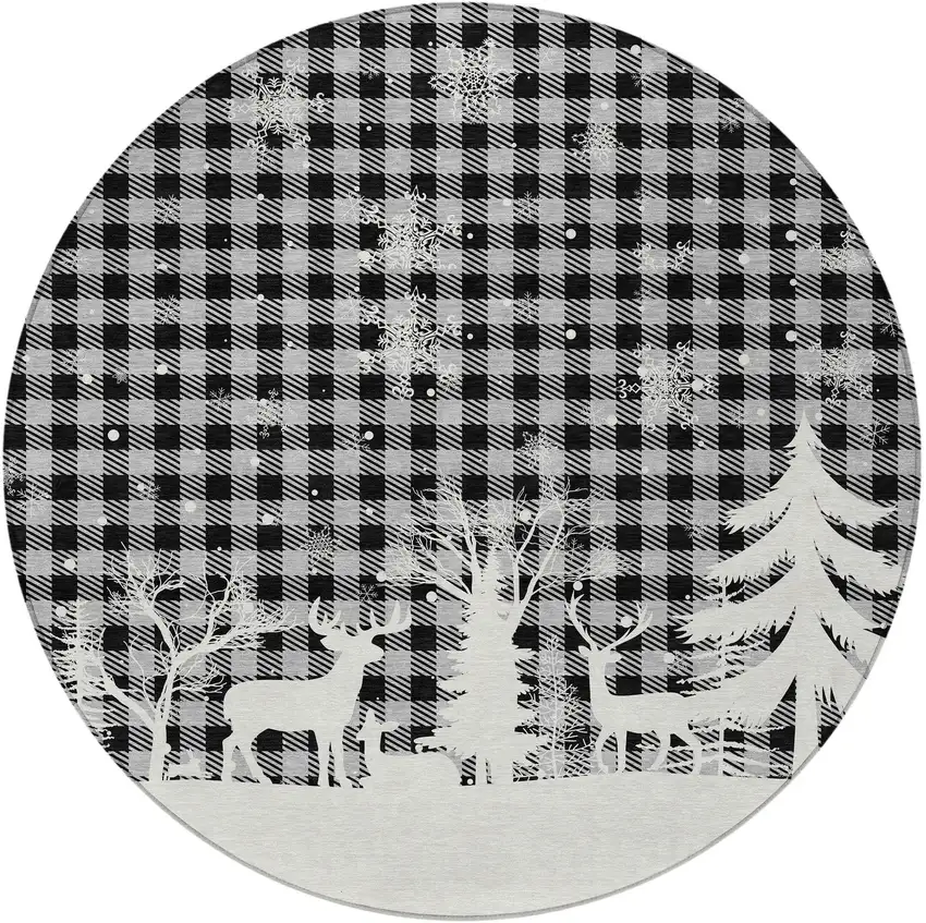 8' Gray Black And Ivory Round Plaid Washable Indoor Outdoor Area Rug Photo 3