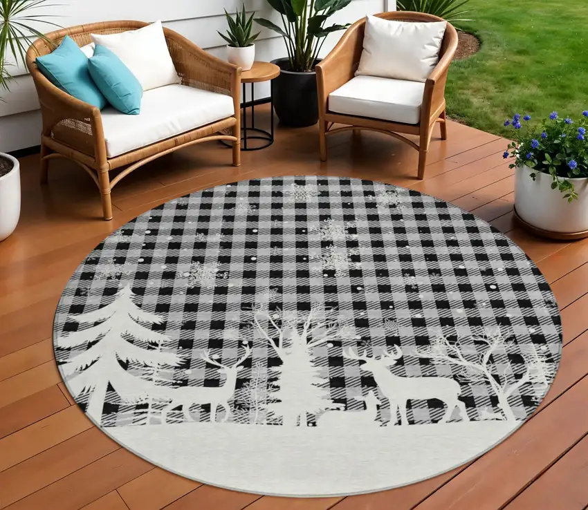 8' Gray Black And Ivory Round Plaid Washable Indoor Outdoor Area Rug Photo 2
