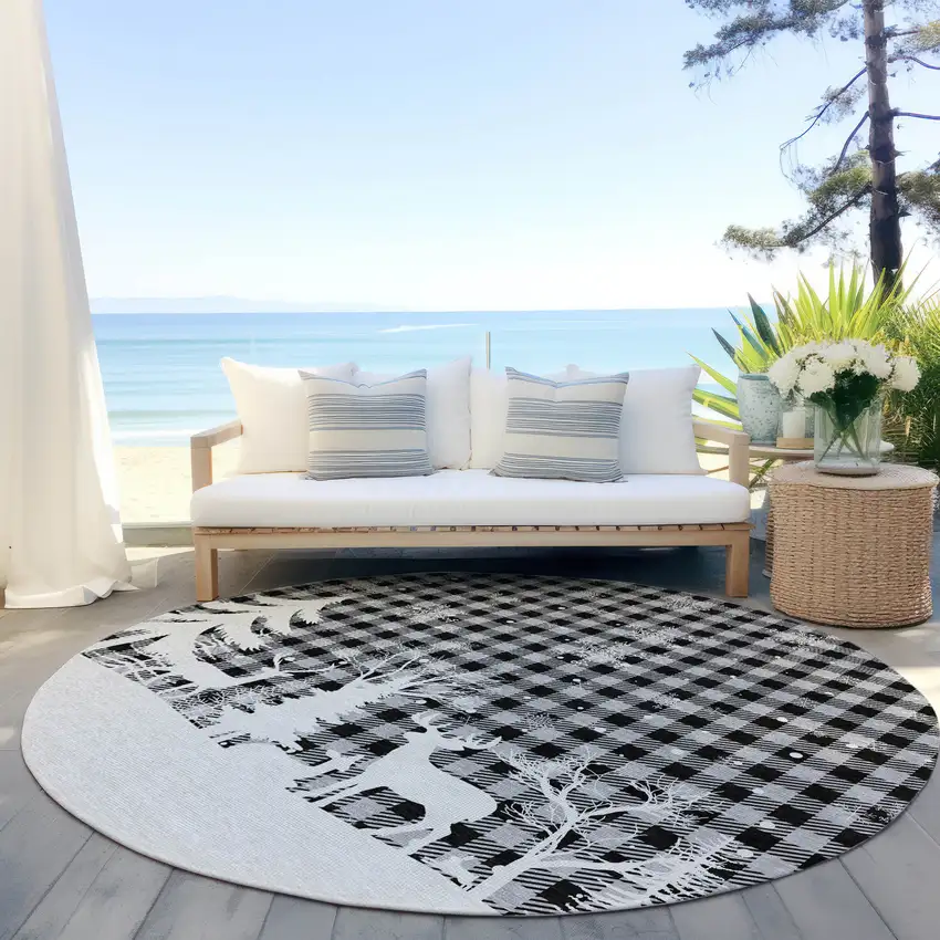 8' Gray Black And Ivory Round Plaid Washable Indoor Outdoor Area Rug Photo 5
