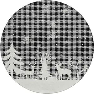 Photo of 8' Gray Black And Ivory Round Plaid Washable Indoor Outdoor Area Rug