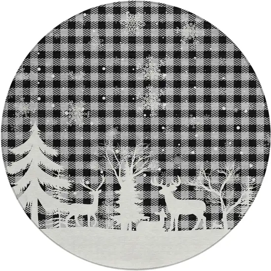 8' Gray Black And Ivory Round Plaid Washable Indoor Outdoor Area Rug Photo 1