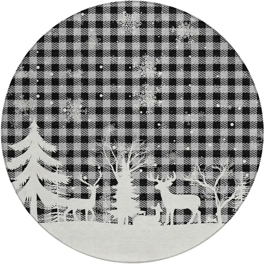 8' Gray Black And Ivory Round Plaid Washable Indoor Outdoor Area Rug Photo 1