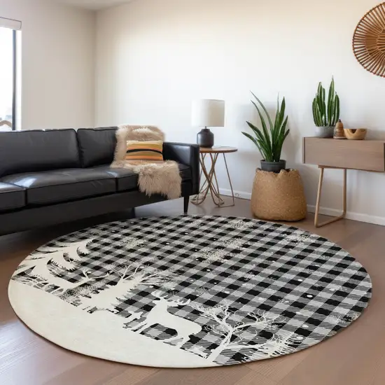 8' Gray Black And Ivory Round Plaid Washable Indoor Outdoor Area Rug Photo 6