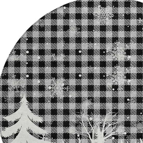 8' Gray Black And Ivory Round Plaid Washable Indoor Outdoor Area Rug Photo 4