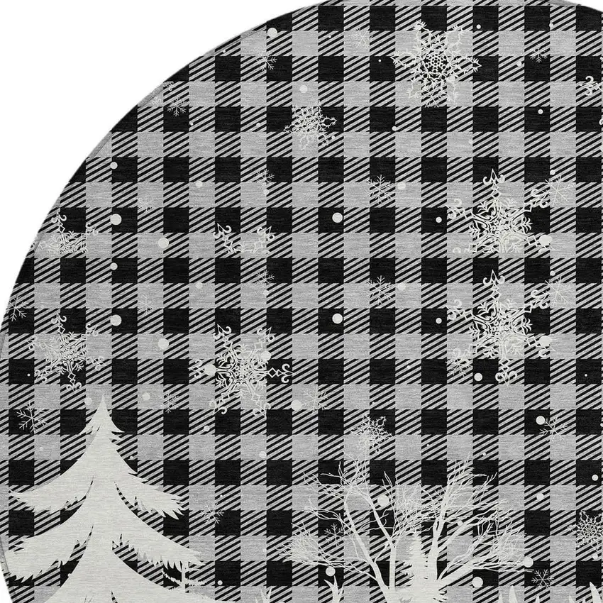 8' Gray Black And Ivory Round Plaid Washable Indoor Outdoor Area Rug Photo 4