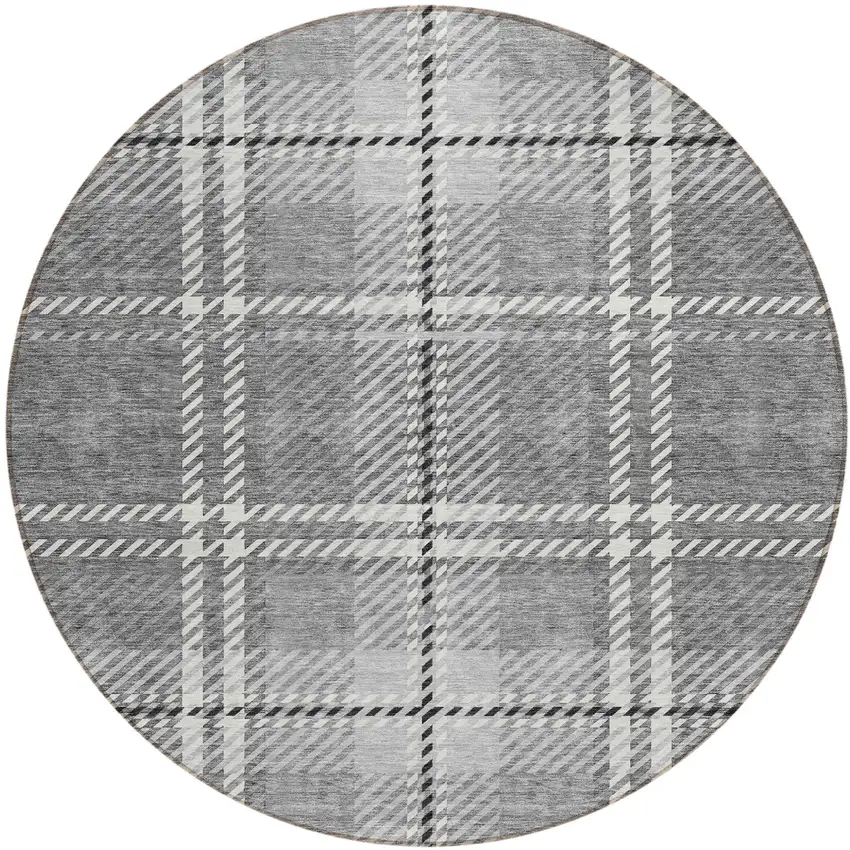 8' Gray Black And Ivory Round Plaid Washable Indoor Outdoor Area Rug Photo 2