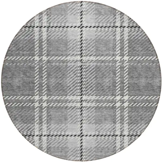 8' Gray Black And Ivory Round Plaid Washable Indoor Outdoor Area Rug Photo 2
