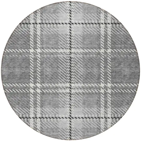 8' Gray Black And Ivory Round Plaid Washable Indoor Outdoor Area Rug Photo 6