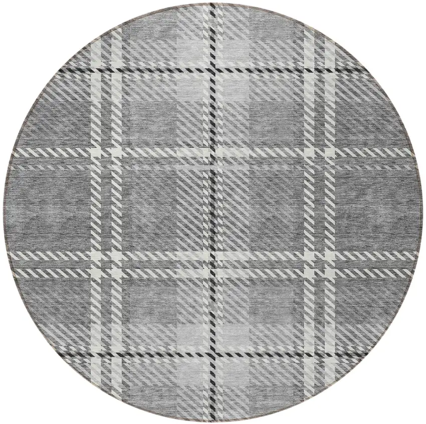 8' Gray Black And Ivory Round Plaid Washable Indoor Outdoor Area Rug Photo 6