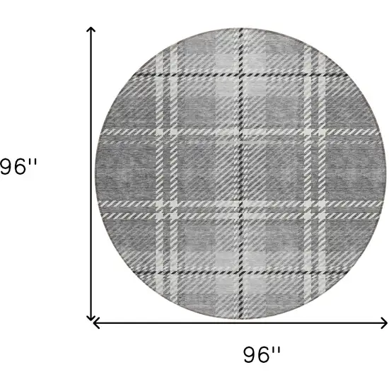 8' Gray Black And Ivory Round Plaid Washable Indoor Outdoor Area Rug Photo 3