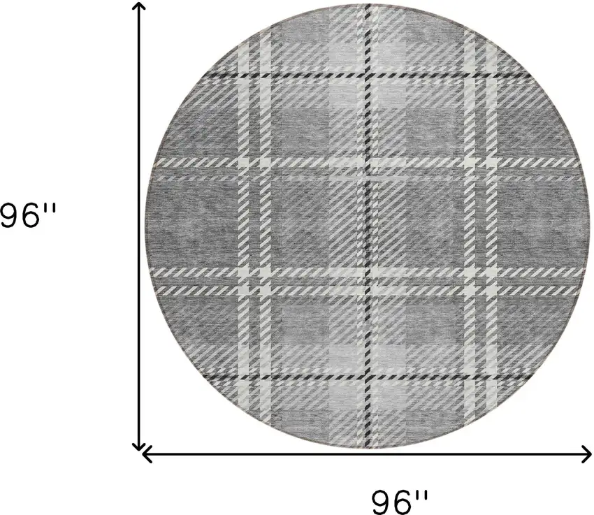 8' Gray Black And Ivory Round Plaid Washable Indoor Outdoor Area Rug Photo 3