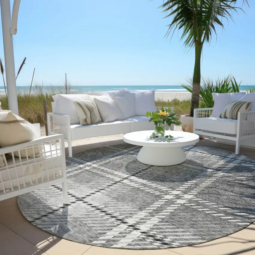 8' Gray Black And Ivory Round Plaid Washable Indoor Outdoor Area Rug Photo 7
