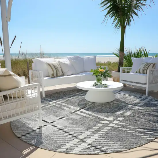 8' Gray Black And Ivory Round Plaid Washable Indoor Outdoor Area Rug Photo 7