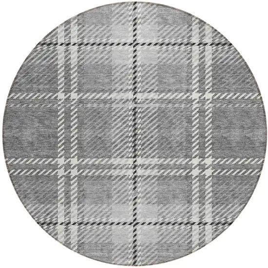 8' Gray Black And Ivory Round Plaid Washable Indoor Outdoor Area Rug Photo 5