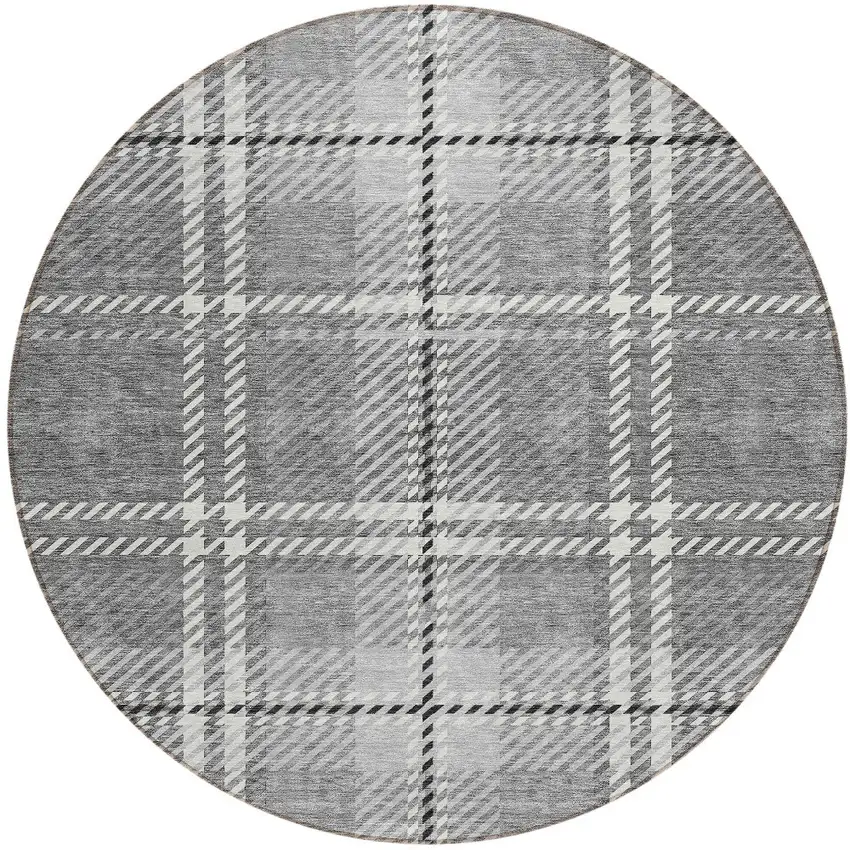 8' Gray Black And Ivory Round Plaid Washable Indoor Outdoor Area Rug Photo 5