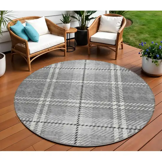 8' Gray Black And Ivory Round Plaid Washable Indoor Outdoor Area Rug Photo 1