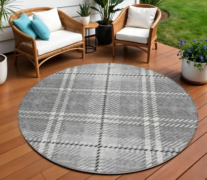 8' Gray Black And Ivory Round Plaid Washable Indoor Outdoor Area Rug Photo 1