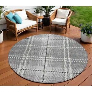 Photo of 8' Gray Black And Ivory Round Plaid Washable Indoor Outdoor Area Rug