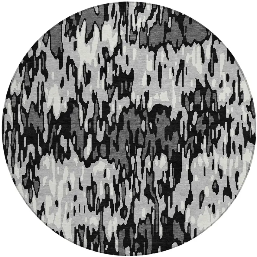 8' Gray Black And Ivory Round Striped Washable Indoor Outdoor Area Rug Photo 2