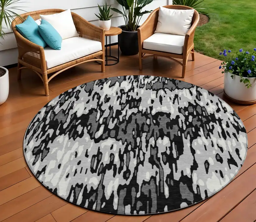 8' Gray Black And Ivory Round Striped Washable Indoor Outdoor Area Rug Photo 1