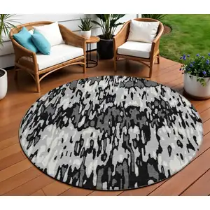Photo of 8' Gray Black And Ivory Round Striped Washable Indoor Outdoor Area Rug