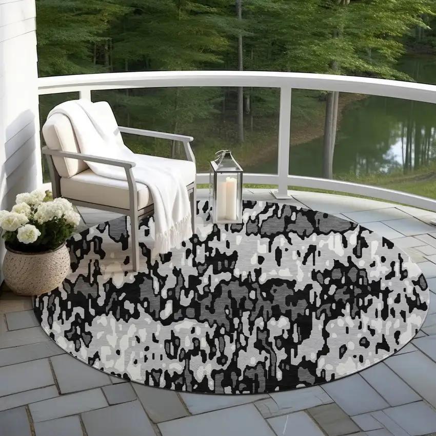 8' Gray Black And Ivory Round Striped Washable Indoor Outdoor Area Rug Photo 6