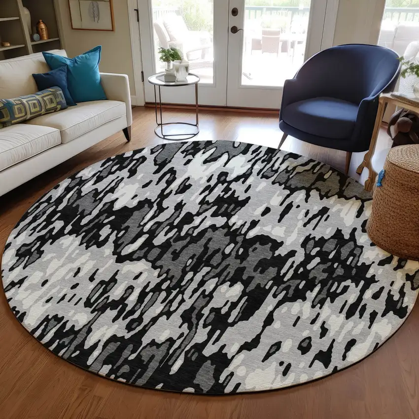8' Gray Black And Ivory Round Striped Washable Indoor Outdoor Area Rug Photo 7