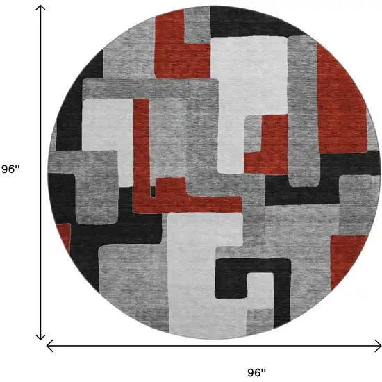 8' Gray Black And Red Geometric Washable Round Rug With UV Protection Photo 8