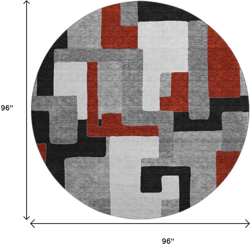 8' Gray Black And Red Geometric Washable Round Rug With UV Protection Photo 8