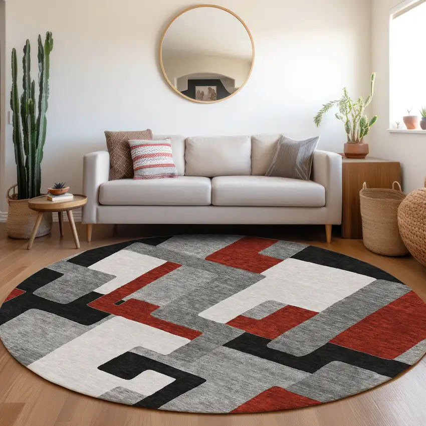 8' Gray Black And Red Geometric Washable Round Rug With UV Protection Photo 4