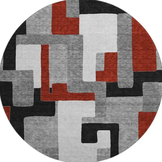 8' Gray Black And Red Geometric Washable Round Rug With UV Protection Photo 3