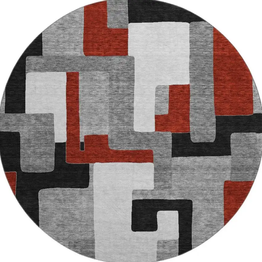 8' Gray Black And Red Geometric Washable Round Rug With UV Protection Photo 3