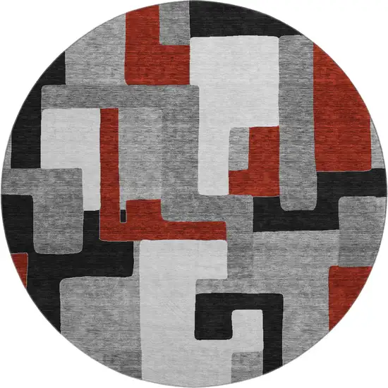 8' Gray Black And Red Geometric Washable Round Rug With UV Protection Photo 1