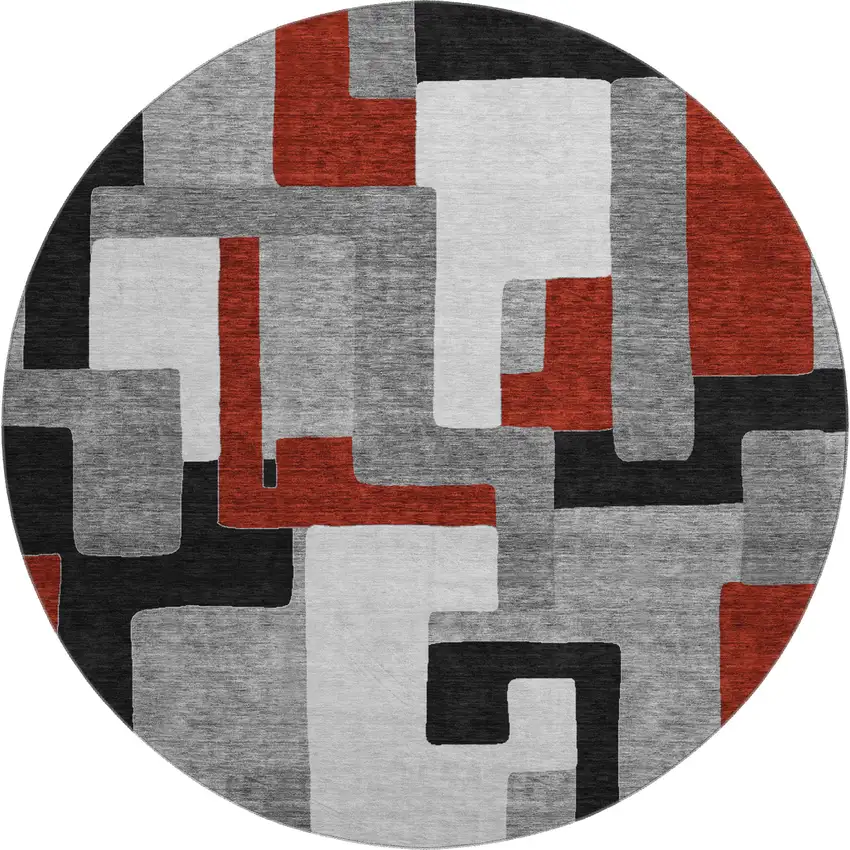8' Gray Black And Red Geometric Washable Round Rug With UV Protection Photo 1