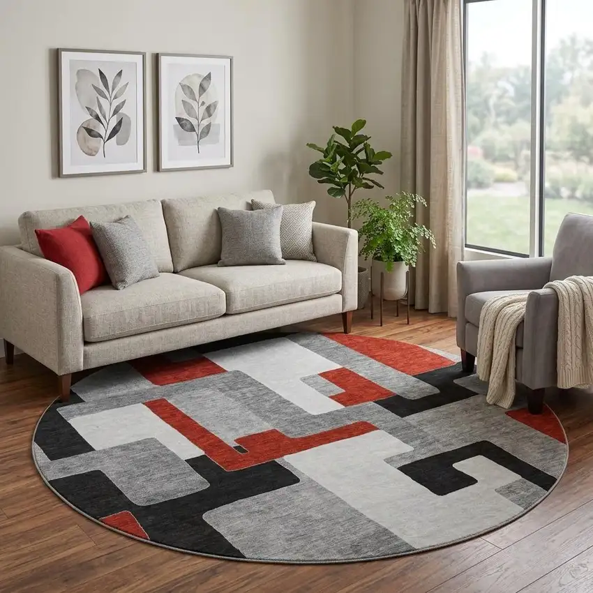 8' Gray Black And Red Geometric Washable Round Rug With UV Protection Photo 1